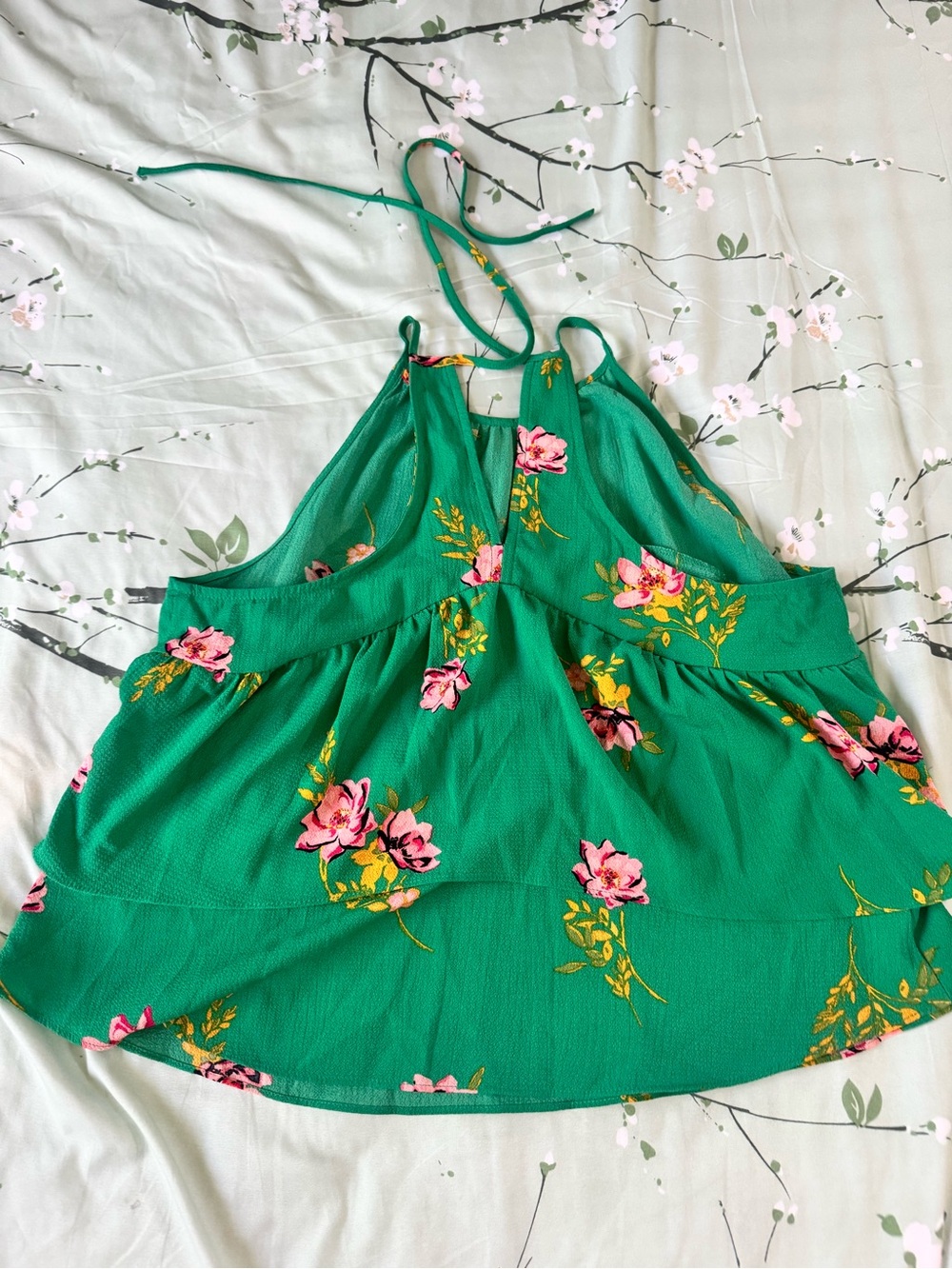 Timing Green Floral Halter Camisole with Pink Blooms